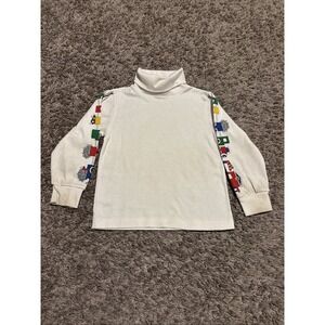 Vintage 80s Turtleneck Pullover White Lands End Trains Long Sleeves Small S